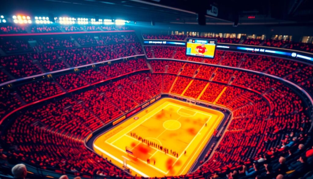 A vibrant heat map visualization showcasing audience flow during a live sports event. In the foreground, bold color gradients represent varying levels of audience density, with warm reds and yellows indicating crowded areas and cooler blues for less populated sections. The middle layer features a detailed stadium layout, complete with sections labeled for different audience areas. In the background, a dimly lit arena captures the excitement of the live event, with blurred silhouettes of cheering spectators in semi-professional attire. Utilize a top-down perspective, with soft ambient lighting accentuating the heat map's colors, creating a dynamic and engaging atmosphere that conveys real-time analytics in action.