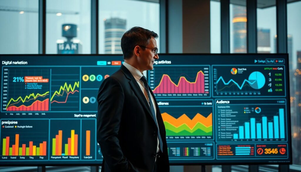 A high-tech digital dashboard displaying sports marketing ROI analytics, set in a sleek, modern office environment. The foreground features colorful graphs, charts, and metrics illustrating financial returns and audience engagement levels, with a particular focus on digital engagement. In the middle ground, a professional business analyst in formal attire is intently observing the dashboard, showcasing a blend of focus and curiosity. The background includes large windows revealing a vibrant cityscape, enhancing the sense of professionalism and dynamism. The scene is illuminated by soft, ambient lighting, creating a warm atmosphere, and the camera angle is slightly tilted to emphasize the dashboard's data richness. Overall, the image conveys a sense of innovation and strategic insight into sports marketing analytics. A high-tech digital dashboard displaying sports marketing ROI analytics, set in a sleek, modern office environment. The foreground features colorful graphs, charts, and metrics illustrating financial returns and audience engagement levels, with a particular focus on digital engagement. In the middle ground, a professional business analyst in formal attire is intently observing the dashboard, showcasing a blend of focus and curiosity. The background includes large windows revealing a vibrant cityscape, enhancing the sense of professionalism and dynamism. The scene is illuminated by soft, ambient lighting, creating a warm atmosphere, and the camera angle is slightly tilted to emphasize the dashboard's data richness. Overall, the image conveys a sense of innovation and strategic insight into sports marketing analytics.