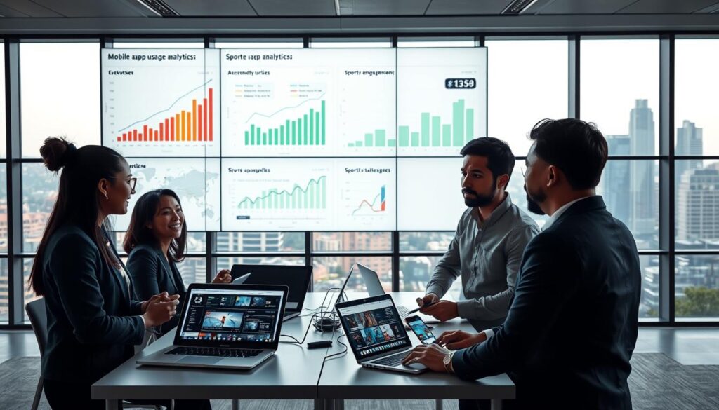 A modern office environment with a large digital screen displaying analytical graphs and charts depicting mobile app usage analytics for sports audience engagement. In the foreground, a diverse group of three professionals, a Black woman and an Asian man in business casual attire, are discussing the data with focused expressions. In the middle ground, sleek workstations with laptops and mobile devices show app interfaces filled with colorful data visualizations. The background features a panoramic window overlooking a vibrant city skyline, with natural light flooding the room, creating an inspiring and collaborative atmosphere. Soft shadows accentuate the scene, emphasizing the focus on the analytical data and the engaged professionals. The overall mood is one of innovation and teamwork in the realm of sports analytics. A modern office environment with a large digital screen displaying analytical graphs and charts depicting mobile app usage analytics for sports audience engagement. In the foreground, a diverse group of three professionals, a Black woman and an Asian man in business casual attire, are discussing the data with focused expressions. In the middle ground, sleek workstations with laptops and mobile devices show app interfaces filled with colorful data visualizations. The background features a panoramic window overlooking a vibrant city skyline, with natural light flooding the room, creating an inspiring and collaborative atmosphere. Soft shadows accentuate the scene, emphasizing the focus on the analytical data and the engaged professionals. The overall mood is one of innovation and teamwork in the realm of sports analytics.