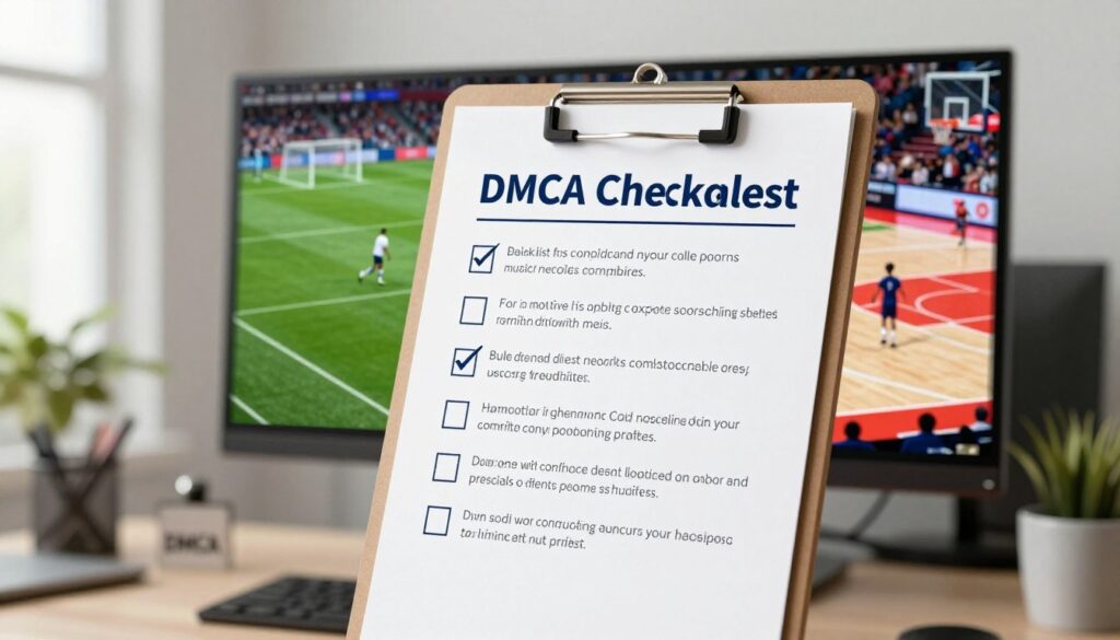 A comprehensive DMCA compliance checklist tailored for sports broadcasters, illustrated in a professional and visually engaging manner. In the foreground, a large, clear clipboard stands with several checkboxes, each marked to indicate completed compliance tasks related to music and clip usage under DMCA regulations. In the middle, dynamic sports imagery—like a soccer match and a basketball game—creates a vibrant context, symbolizing live broadcasts. The background features a subtle office setting with soft, natural lighting that creates an inviting and focused atmosphere. The scene captures the essence of professionalism, emphasizing the importance of rights and compliance in sports broadcasting, showcasing attention to detail without any textual elements or distractions. A comprehensive DMCA compliance checklist tailored for sports broadcasters, illustrated in a professional and visually engaging manner. In the foreground, a large, clear clipboard stands with several checkboxes, each marked to indicate completed compliance tasks related to music and clip usage under DMCA regulations. In the middle, dynamic sports imagery—like a soccer match and a basketball game—creates a vibrant context, symbolizing live broadcasts. The background features a subtle office setting with soft, natural lighting that creates an inviting and focused atmosphere. The scene captures the essence of professionalism, emphasizing the importance of rights and compliance in sports broadcasting, showcasing attention to detail without any textual elements or distractions.