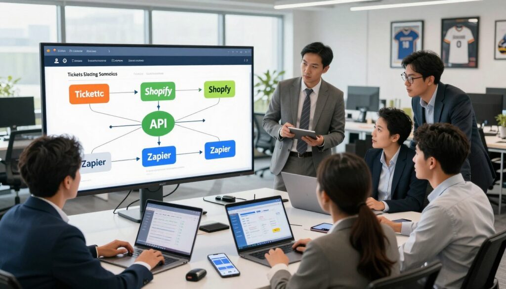 A dynamic office scene illustrating the concept of sports marketing automation integrations. In the foreground, a diverse group of professionals, dressed in smart business attire, collaborates around a large digital touchscreen displaying dynamic flowcharts of ticketing systems, Shopify for merchandise, and API connections with Zapier and webhooks. The middle ground features sleek laptops and smartphones, highlighting real-time data analytics and notifications related to fan engagement. The background showcases a modern office environment with large windows letting in natural light, creating a bright and energetic atmosphere. Incorporate subtle sports-themed decor, like framed jerseys or sports memorabilia. Use a wide-angle lens to capture the collaborative spirit and ensure the image feels engaging yet professional. A dynamic office scene illustrating the concept of sports marketing automation integrations. In the foreground, a diverse group of professionals, dressed in smart business attire, collaborates around a large digital touchscreen displaying dynamic flowcharts of ticketing systems, Shopify for merchandise, and API connections with Zapier and webhooks. The middle ground features sleek laptops and smartphones, highlighting real-time data analytics and notifications related to fan engagement. The background showcases a modern office environment with large windows letting in natural light, creating a bright and energetic atmosphere. Incorporate subtle sports-themed decor, like framed jerseys or sports memorabilia. Use a wide-angle lens to capture the collaborative spirit and ensure the image feels engaging yet professional.