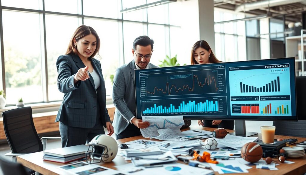 A dynamic visualization of "economic factors in sports performance prediction," featuring a diverse group of professionals engaged in a lively discussion around sports analytics. In the foreground, a Caucasian woman in a business suit points to a digital display showing graphs and data related to sports metrics and economic indicators. In the middle, a Hispanic man and an Asian woman analyze financial reports on a table cluttered with sports memorabilia and data sheets. The background shows a modern office environment with large windows letting in bright natural light, emphasizing a productive atmosphere. The mood is collaborative and analytical, hinting at the intersection of economics and sports performance. The image conveys a blend of data-driven research and passionate sports enthusiasm, capturing the essence of predictive analytics in sports. A dynamic visualization of "economic factors in sports performance prediction," featuring a diverse group of professionals engaged in a lively discussion around sports analytics. In the foreground, a Caucasian woman in a business suit points to a digital display showing graphs and data related to sports metrics and economic indicators. In the middle, a Hispanic man and an Asian woman analyze financial reports on a table cluttered with sports memorabilia and data sheets. The background shows a modern office environment with large windows letting in bright natural light, emphasizing a productive atmosphere. The mood is collaborative and analytical, hinting at the intersection of economics and sports performance. The image conveys a blend of data-driven research and passionate sports enthusiasm, capturing the essence of predictive analytics in sports.