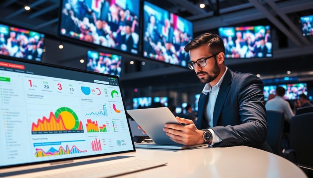 A high-tech live streaming analytics dashboard displaying various digital event metrics. In the foreground, the dashboard features colorful, interactive graphs and charts, clearly showing viewer engagement statistics, attendee demographics, and real-time audience interactions. In the middle ground, a professional business analyst in smart casual attire, intently reviewing the data on a sleek laptop, with oscillating LED lights illuminating the workspace. The background is a modern office environment adorned with digital screens showcasing the streaming event, creating a sense of innovation and technology. The lighting is bright and focused, enhancing the vibrant colors of the dashboard while casting subtle shadows. The overall atmosphere feels dynamic and engaging, capturing the essence of digital analytics in action.