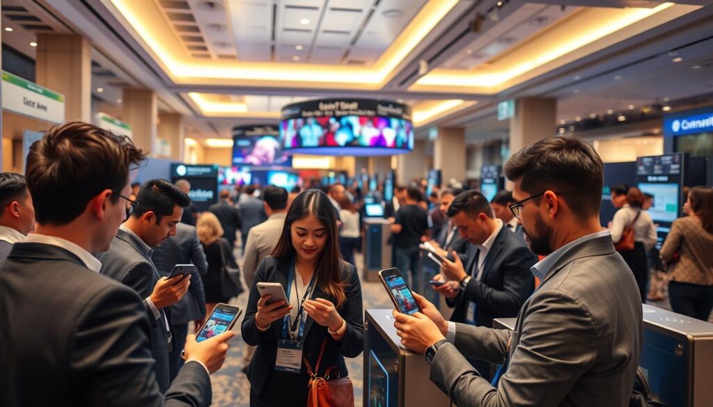 A modern event technology scene showcasing digital ticketing and access management. In the foreground, a diverse group of attendees in professional business attire scan digital tickets on their smartphones at an entrance with a sleek, high-tech gate. The middle ground features an engaging display of digital signage showing vibrant visuals about the event. In the background, a bustling convention center or conference hall with people interacting with kiosks and tablets, all under bright, ambient lighting that creates a welcoming atmosphere. Use a wide-angle lens perspective to capture the energy and innovation of the digital experience at a modern event. The overall mood should convey excitement and efficiency, highlighting the seamless integration of technology in event access.