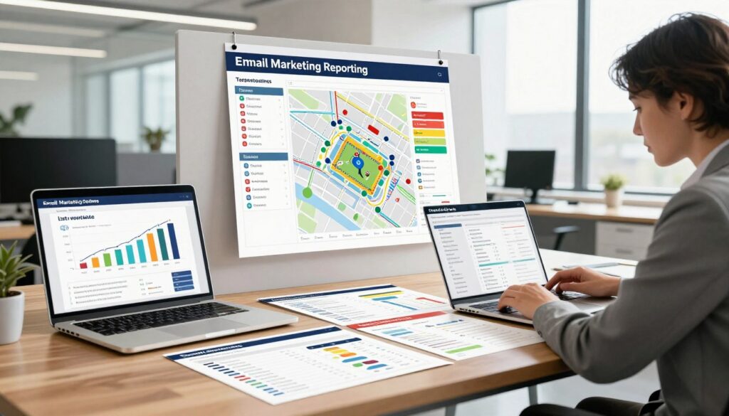 A modern office workspace featuring an array of colorful email marketing reporting templates spread out on a sleek wooden desk. In the foreground, a laptop displays graphs and data analytics related to revenue attribution and list growth, while a professional-looking individual in business attire analyzes metrics. In the middle, a large, detailed seat map is pinned on a wall, showcasing targeted offerings for sports events. The background features soft natural light streaming through large windows, illuminating the space with a bright and optimistic atmosphere. The scene conveys a sense of professional ambition, with the organization and clarity of the reporting templates emphasizing strategic planning for fan engagement in sports ticketing. A modern office workspace featuring an array of colorful email marketing reporting templates spread out on a sleek wooden desk. In the foreground, a laptop displays graphs and data analytics related to revenue attribution and list growth, while a professional-looking individual in business attire analyzes metrics. In the middle, a large, detailed seat map is pinned on a wall, showcasing targeted offerings for sports events. The background features soft natural light streaming through large windows, illuminating the space with a bright and optimistic atmosphere. The scene conveys a sense of professional ambition, with the organization and clarity of the reporting templates emphasizing strategic planning for fan engagement in sports ticketing.