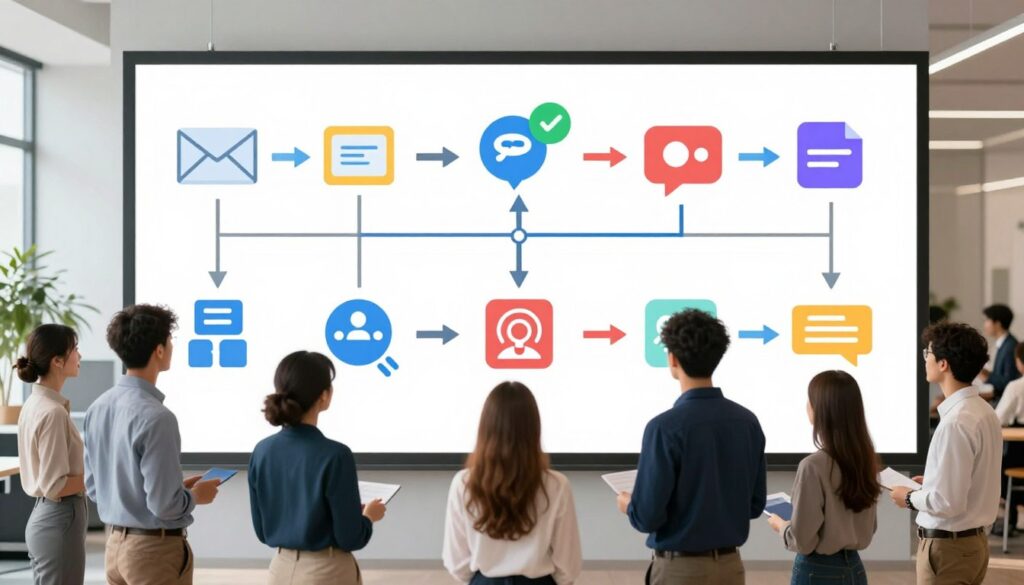 A vibrant and dynamic illustration of multi-channel marketing drip sequence choreography. In the foreground, a diverse group of professionals in smart business attire is collaborating around a large digital screen displaying various marketing channel icons: email, SMS, push notifications, organic social media, and paid boosts. The middle layer features digital flow charts and sequences, visually connecting the different channels with colorful arrows and icons. In the background, a modern office environment with bright, natural lighting and large windows reflects a lively atmosphere of teamwork and innovation. The scene captures a sense of strategic planning and engagement, with a focus on technology and connectivity in marketing. A vibrant and dynamic illustration of multi-channel marketing drip sequence choreography. In the foreground, a diverse group of professionals in smart business attire is collaborating around a large digital screen displaying various marketing channel icons: email, SMS, push notifications, organic social media, and paid boosts. The middle layer features digital flow charts and sequences, visually connecting the different channels with colorful arrows and icons. In the background, a modern office environment with bright, natural lighting and large windows reflects a lively atmosphere of teamwork and innovation. The scene captures a sense of strategic planning and engagement, with a focus on technology and connectivity in marketing.
