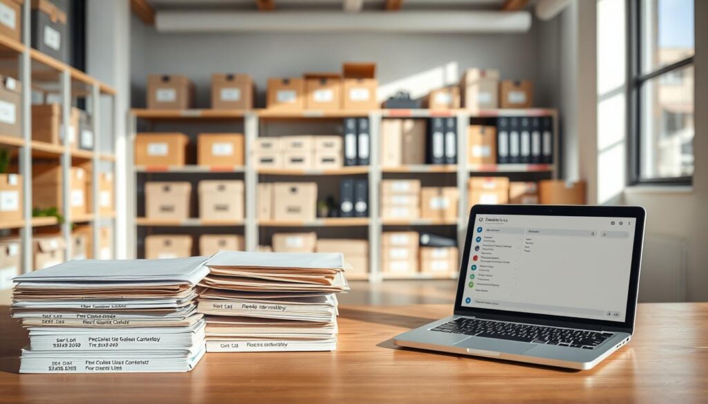 A clean and organized storage room focused on the takedown process of digital content. In the foreground, there is a wooden table with neatly stacked folders labeled with metadata information, rights expiry dates, and creator contact logs. In the middle ground, multiple shelves display various storage boxes and binders clearly marked for easy access, all arranged systematically. A laptop sits open, showing a search interface with metadata fields visible. The background features a well-lit space with large windows allowing natural sunlight to illuminate the room, casting gentle shadows. The atmosphere is professional and inviting, emphasizing efficiency and order. The scene has a slight depth of field, creating a contemporary office environment that conveys a sense of trust and responsibility in managing user-generated content safely.