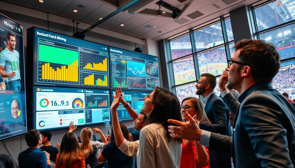 A dynamic scene showcasing a vibrant fan Q&A mining session in a modern, high-tech environment. In the foreground, a diverse group of fans, dressed in professional business attire, enthusiastically engage with large screens displaying real-time data and statistics, reflecting their excitement. The middle ground features well-designed dashboards filled with colorful charts and visualizations, highlighting key interactions and insights gathered from social media. The background reveals an energetic setting, with soft ambient lighting that creates a welcoming atmosphere, while large windows provide a glimpse of a lively sports event happening outside. The lens captures this engaging moment from a slightly elevated angle, emphasizing collaboration and communication. The mood is lively and positive, showcasing the joy of community participation and knowledge sharing.
