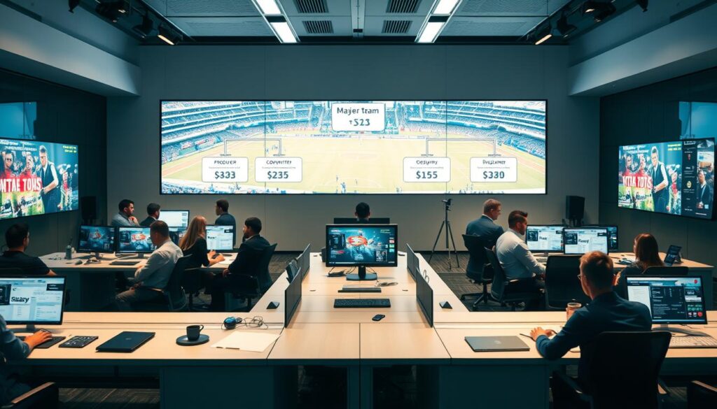 A modern marketing command center set up for a major sports event, showcasing various team roles in action. In the foreground, a diverse group of professionals in business attire collaborate at sleek desks with high-tech monitors displaying real-time analytics. The middle section features an organizational chart highlighting roles such as producer, copywriter, designer, community manager, legal advisor, paid media strategist, and analyst, each represented by individual workstations. The background reveals a large screen showing live sports feeds and relevant data. Soft, focused lighting emphasizes a collaborative atmosphere, while a slightly angled perspective captures the dynamic essence of a bustling marketing hub, blending innovation with teamwork. A modern marketing command center set up for a major sports event, showcasing various team roles in action. In the foreground, a diverse group of professionals in business attire collaborate at sleek desks with high-tech monitors displaying real-time analytics. The middle section features an organizational chart highlighting roles such as producer, copywriter, designer, community manager, legal advisor, paid media strategist, and analyst, each represented by individual workstations. The background reveals a large screen showing live sports feeds and relevant data. Soft, focused lighting emphasizes a collaborative atmosphere, while a slightly angled perspective captures the dynamic essence of a bustling marketing hub, blending innovation with teamwork.