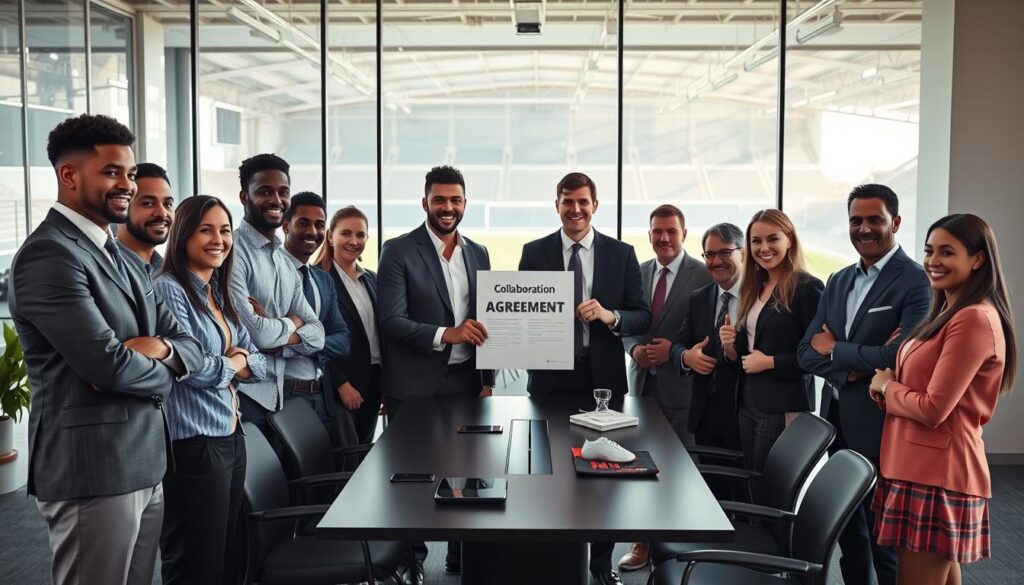 A professional setting showcasing a collaborative sports agreement between creators and players. In the foreground, a diverse group of individuals in business attire, including a male basketball player and a female soccer player, are standing together, holding a document titled "Collaboration Agreement" with firm handshakes. In the middle ground, a sleek conference table with digital devices and sports memorabilia represents the sports industry. In the background, large windows reveal a sunny outdoor sports facility, filling the scene with natural light. The atmosphere is dynamic and focused, conveying a sense of collaboration and innovation in the sports business world. Use soft lighting to emphasize the professionalism and energy of the moment, capturing the spirit of teamwork and partnership. A professional setting showcasing a collaborative sports agreement between creators and players. In the foreground, a diverse group of individuals in business attire, including a male basketball player and a female soccer player, are standing together, holding a document titled "Collaboration Agreement" with firm handshakes. In the middle ground, a sleek conference table with digital devices and sports memorabilia represents the sports industry. In the background, large windows reveal a sunny outdoor sports facility, filling the scene with natural light. The atmosphere is dynamic and focused, conveying a sense of collaboration and innovation in the sports business world. Use soft lighting to emphasize the professionalism and energy of the moment, capturing the spirit of teamwork and partnership.