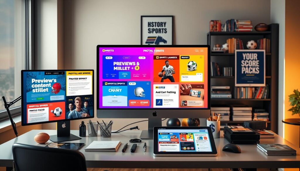 A sleek, modern workspace showcasing a variety of digital sports content templates. In the foreground, vibrant snippets of templates for previews, lineups, milestones, and final score packs are displayed on a high-resolution computer screen. Each template features dynamic colors, bold typography, and icons that reflect different sports. In the middle, a stylish desk cluttered with sports memorabilia and a digital tablet displaying additional templates creates a lively atmosphere. The background reveals a well-organized bookshelf filled with sports literature and a motivational poster. Soft, warm lighting highlights the workspace, creating an inviting ambiance. The scene conveys a sense of creativity and professionalism, perfect for marketers and content creators in the sports industry.