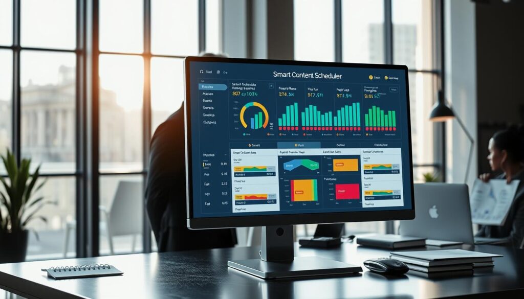 A smart content scheduler interface displayed on a sleek modern computer screen, set against a stylish office backdrop. In the foreground, intricate graphics display various scheduling rules, like quiet hours and frequency caps, represented as colorful charts and diagrams. The middle ground features a professional individual in business attire, intently analyzing the data on the screen, surrounded by an organized workspace with notes and a digital calendar. The background showcases large windows with natural light pouring in, creating a bright and productive atmosphere. The mood is focused and innovative, suggesting the efficiency of automating sports content calendars. Soft shadows enhance depth, while a slight tilt angle emphasizes the sophistication of the technological tools used.