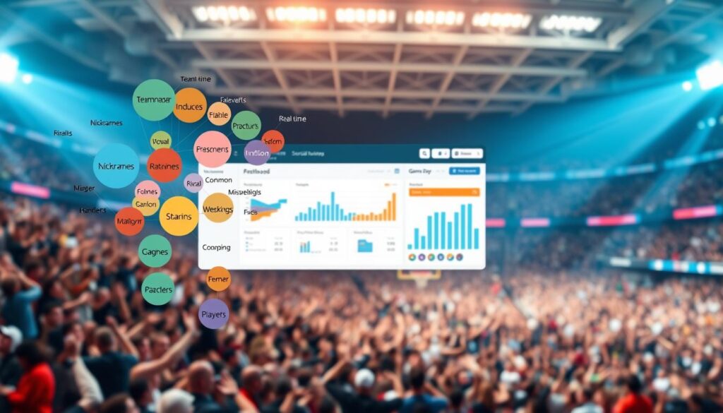 A sophisticated digital illustration of keyword clusters representing social listening in a sports context. Foreground: colorful bubbles or nodes displaying words like "team names," "nicknames," "rivals," "player handles," and common misspellings, interconnected by thin lines. Middle: a sleek dashboard interface showing real-time data analytics, featuring graphs and charts highlighting social media trends and engagements. Background: a blurred image of a stadium filled with cheering fans, conveying the excitement of game day. The lighting is bright and dynamic, highlighting the vibrant colors of the keyword clusters. The atmosphere is energetic and professional, ideal for understanding audience engagement during sports events.