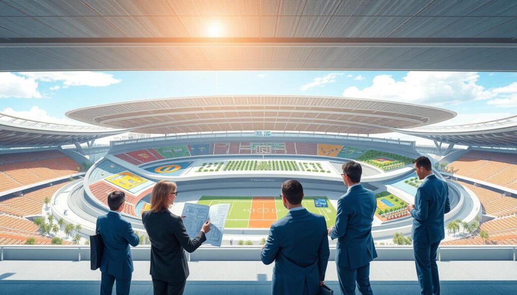 A vibrant illustration of the "nil co-creation sports season architecture," showcasing a dynamic sports facility design. In the foreground, professional individuals dressed in business attire engage in a strategic discussion, analyzing blueprints and digital models of various seasonal sports programs. The middle features a sleek, modern arena with visually distinct zones representing preseason kits, high-energy rivalry week, thrilling playoffs, and relaxed off-season areas filled with greenery. The background displays a clear sky with gentle sunlight illuminating the scene, enhancing the energetic yet collaborative atmosphere. The angle captures the expansive view of the facility, emphasizing the harmony between the architecture and the people. The mood conveys excitement and innovation, reflecting the evolving landscape of sports co-creation.