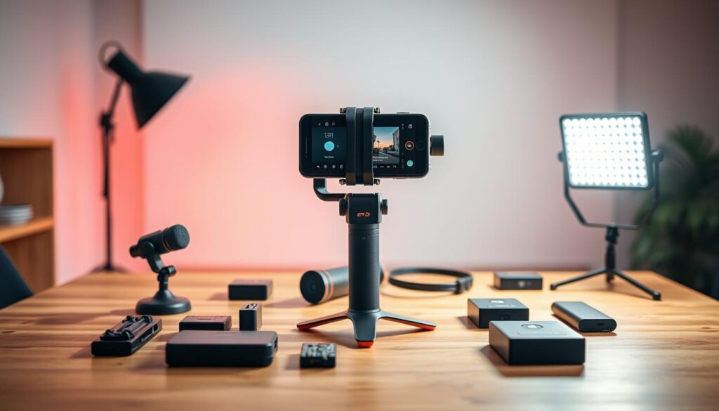 A well-lit indoor setup showcasing a "sports content capture kit" organized neatly on a sturdy table. In the foreground, display a high-end smartphone mounted on a gimbal, with a professional microphone nearby. Include a compact LED light with adjustable brightness positioned to the side, illuminating the scene. In the middle ground, arrange extra batteries and charging equipment, clearly demonstrating a thoughtful battery plan. Use a blurred background featuring soft colors to evoke a focused, creative work atmosphere. Capture the image at a slightly angled view to provide depth, ensuring the equipment appears inviting and accessible. The overall mood should be energetic and inspiring, perfect for sports brands aiming to elevate their content creation. A well-lit indoor setup showcasing a "sports content capture kit" organized neatly on a sturdy table. In the foreground, display a high-end smartphone mounted on a gimbal, with a professional microphone nearby. Include a compact LED light with adjustable brightness positioned to the side, illuminating the scene. In the middle ground, arrange extra batteries and charging equipment, clearly demonstrating a thoughtful battery plan. Use a blurred background featuring soft colors to evoke a focused, creative work atmosphere. Capture the image at a slightly angled view to provide depth, ensuring the equipment appears inviting and accessible. The overall mood should be energetic and inspiring, perfect for sports brands aiming to elevate their content creation.