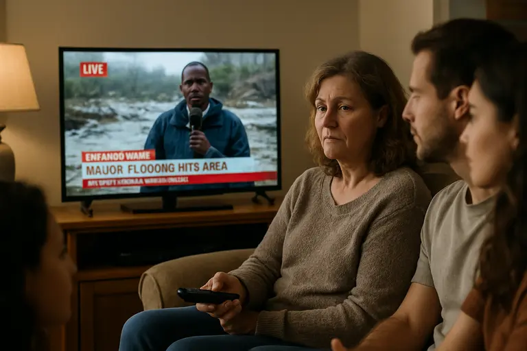 Community members watching a local news broadcast in a public space