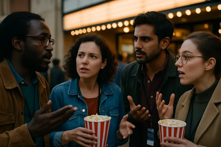 Horror fans discussing short films after a venue screening