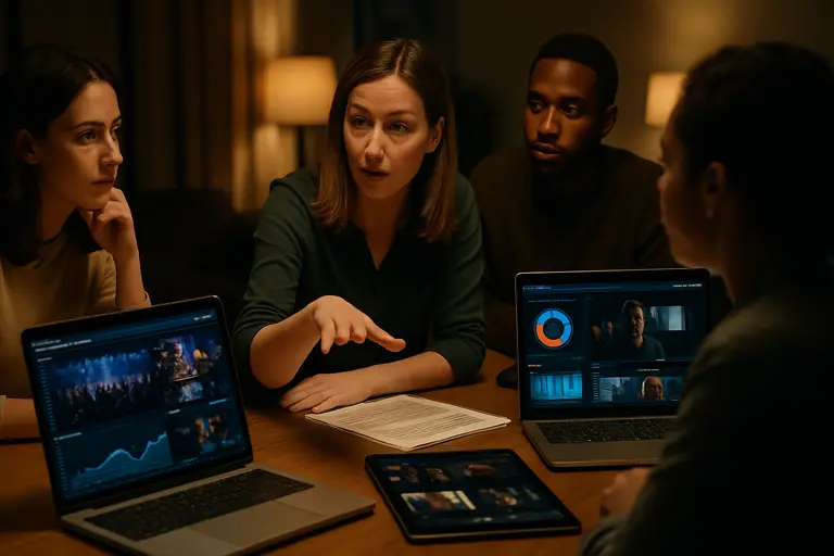 Marketing team reviewing audience charts for a televised event