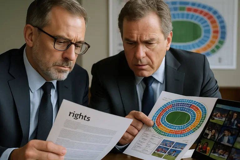 Sports media executives reviewing rights documents beside a stadium seating chart